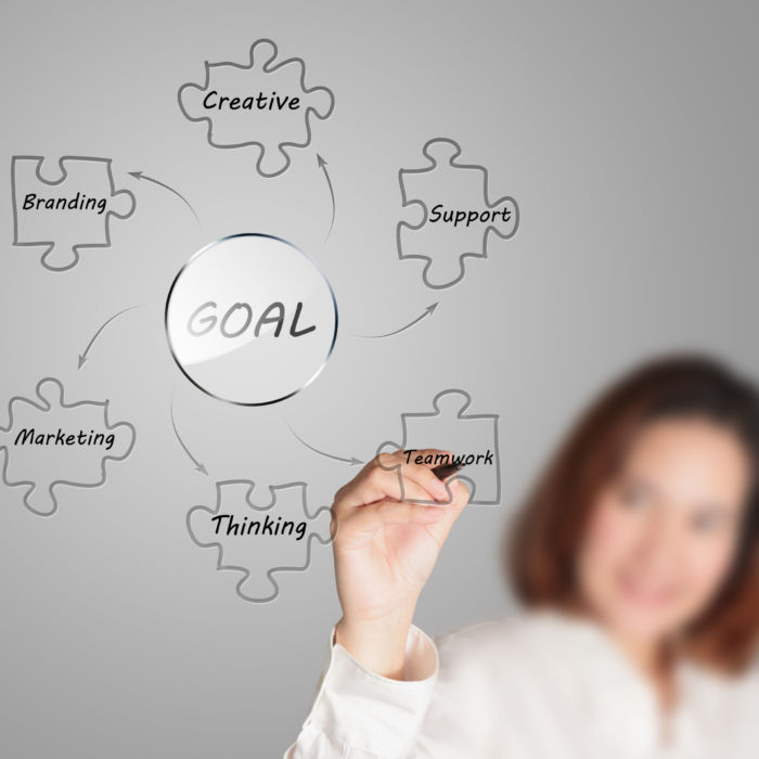 businesswoman draws business goal diagram